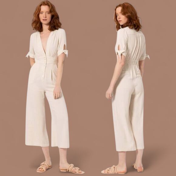FRNCH Paris Maela Linen Blend Cream Romper Jumpsuit Deep V Neckline Size Small S